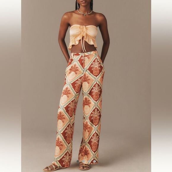 Farm Rio by Anthropologie Pineapple Satin Wide-Leg Pants